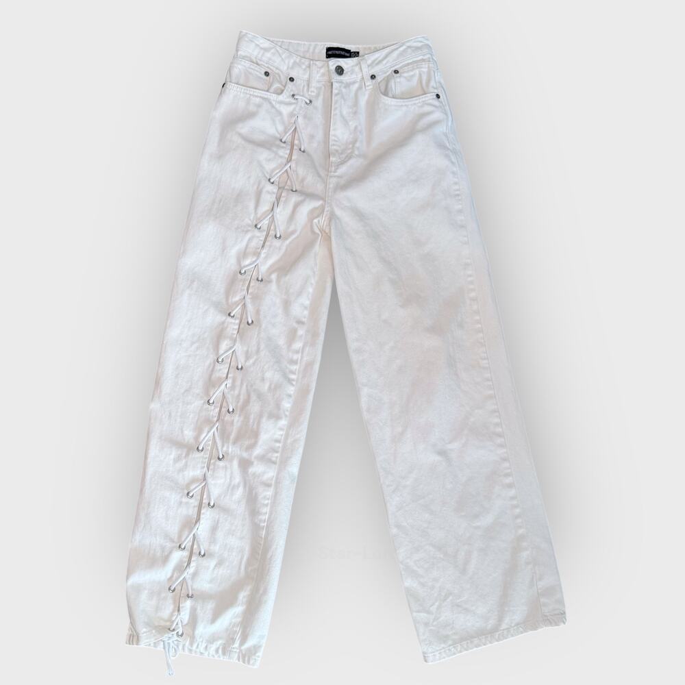 PrettyLittleThing White Lace Up Straight Leg Jeans Size 6 High Waisted Y2K